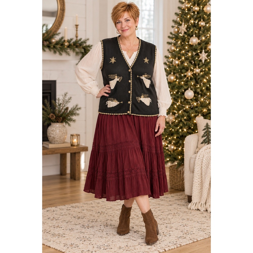 Boho Cottagecore Christmas Holiday Black Gold Angels StarButton XL Sweater Vest